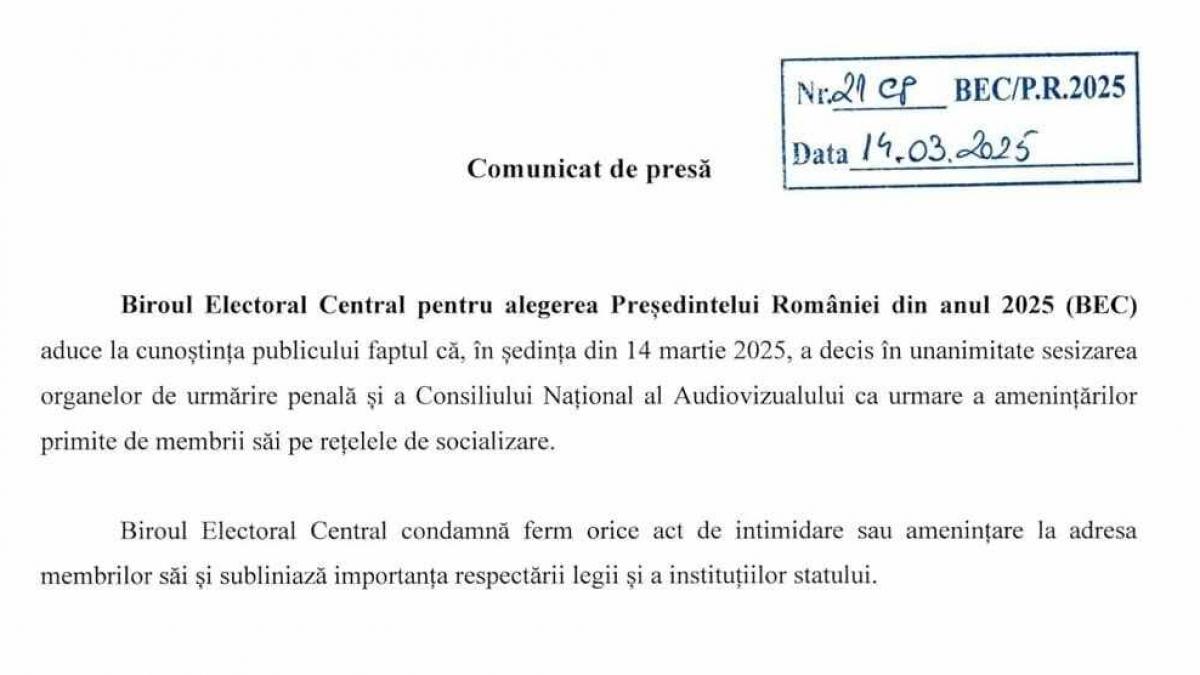 Membrii BEC sesizeaza politia si CNA dupa amenintari cu moartea